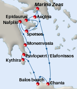 Map of the Grecian Trails cruise from Athens to the islands of Crete, Kythira, Spetses, Aegina and the Peloponnese